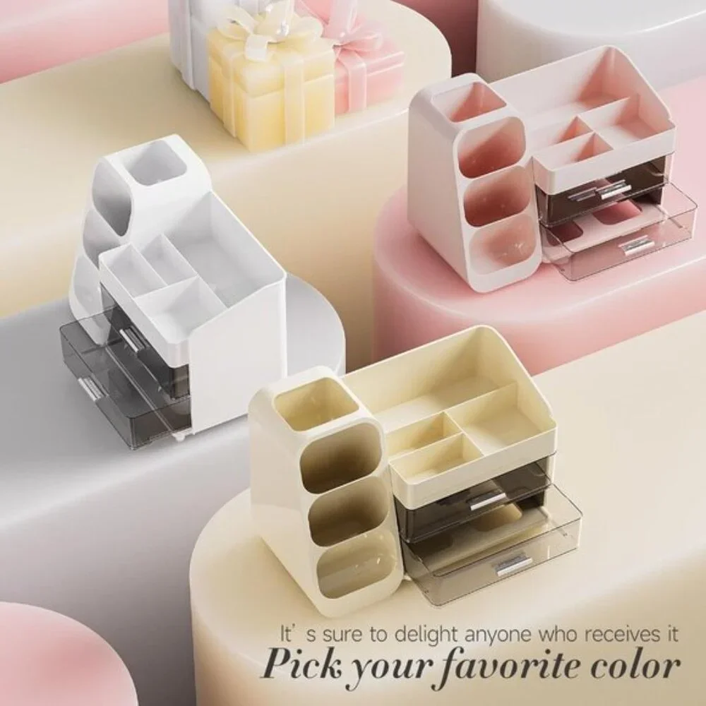 New Makeup Organizer with Drawers & Brush Holder for Vanity & Skincare Storage